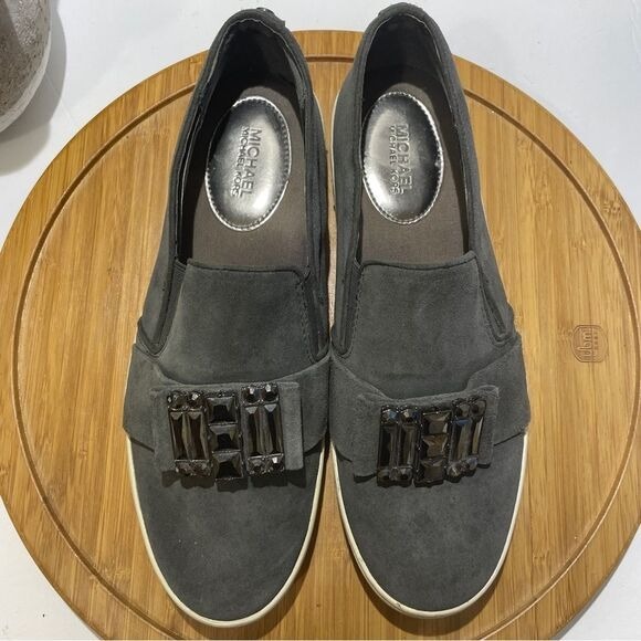 Michael Kors Michelle Leather Loafer Women's 8.5 Grey Rhinestone Glam Slip-On - Picture 5 of 8